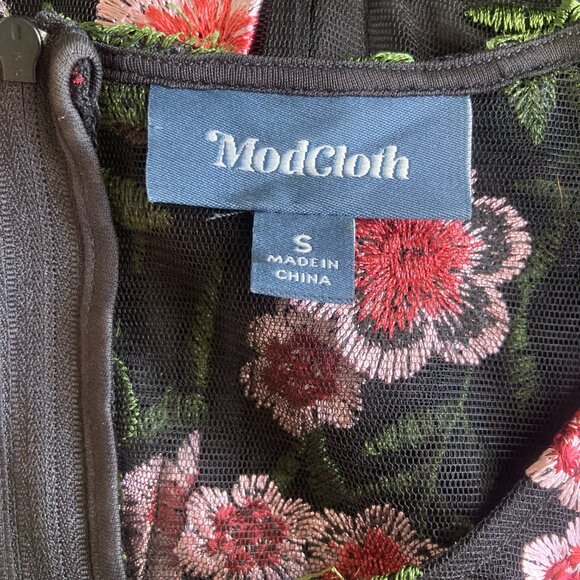 Black Embroidered Mini Dress with Mesh Peekaboo Shoulders, Size S - Picture 3 of 3